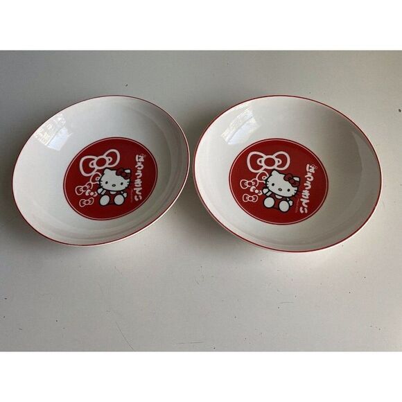 Set Of 2 Sanrio Hello Kitty 9" Ceramic Pasta Dinner Bowls Red Bows NEW - Picture 4 of 11